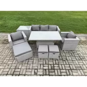 Image of Fimous 5 Seater Outdoor Light Grey Rattan Lounge Complete Sofa Set with Height Adjustable Rising Lifting Table 2 Stools and Big Footstool