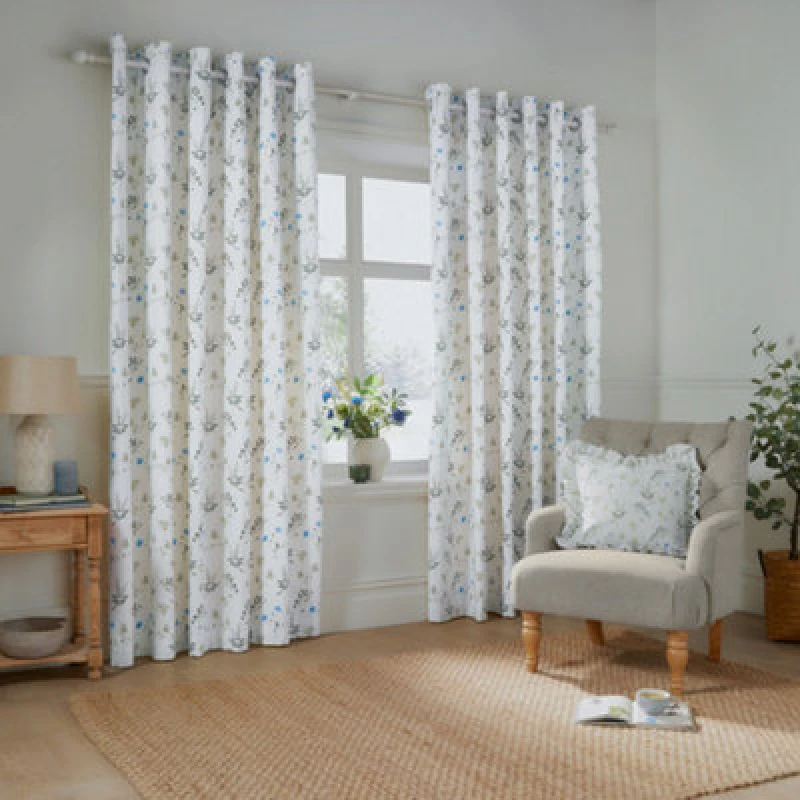 Image of Wylder Nature Meadow Room Darkening 100% Cotton Eyelet Curtain Pair White/cornflower (W)168Cm X (D)137Cm