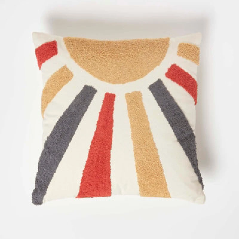 Image of Homescapes Orange & Yellow Sunshine Tufted Cotton Cushion Multi unisex