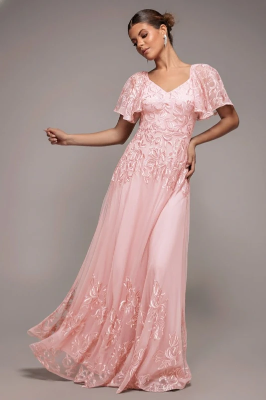 Image of Goddiva Womens Lace Flutter Sleeve Embroidered Mesh A Line Maxi Dress in Pink Size: 8 Pink Female 8