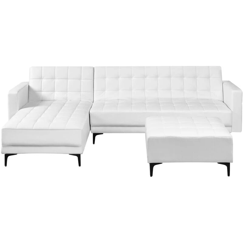 Image of Beliani Modular Corner Sofa Bed 4 Seater Aberdeen Faux Leather White With Ottoman Right Hand