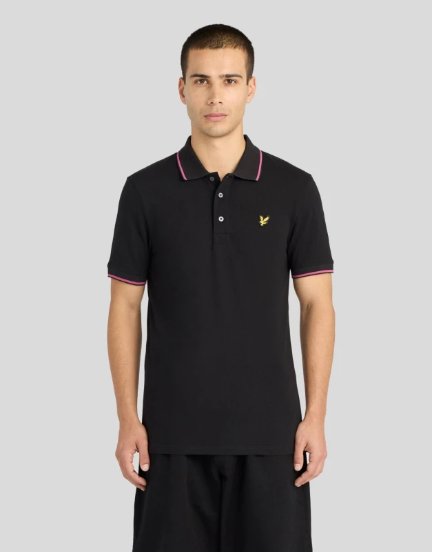 Image of Lyle & Scott Mens Tipped Polo Shirt Jet black/ Pink flare