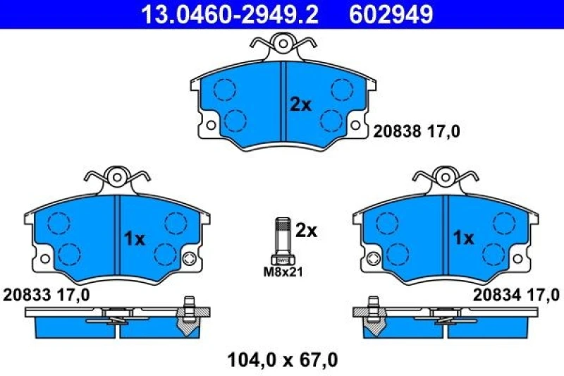 Image of ATE 13.0460-2949.2 Brake pad set incl. wear warning contact, with brake caliper screws Brake Pad Set,disc brake (402)