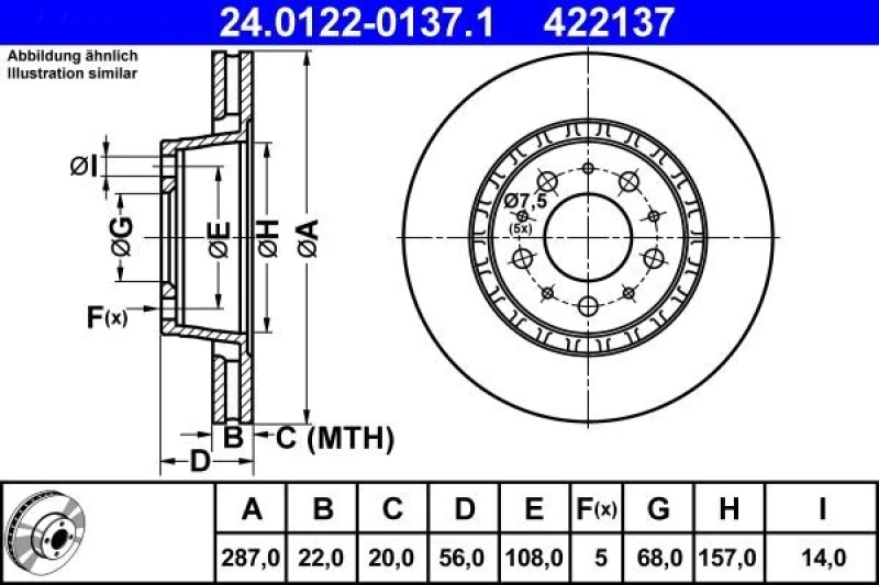 Image of ATE 24.0122-0137.1 Brake disc Vented, Coated Brake Disc (82)