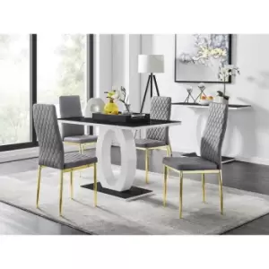 Image of Furniturebox UK - Furniturebox Giovani 4 Black Dining Table & 4 Grey Milan Velvet Dining Chairs With Gold Legs Diamond Stitch Modern Contemporary