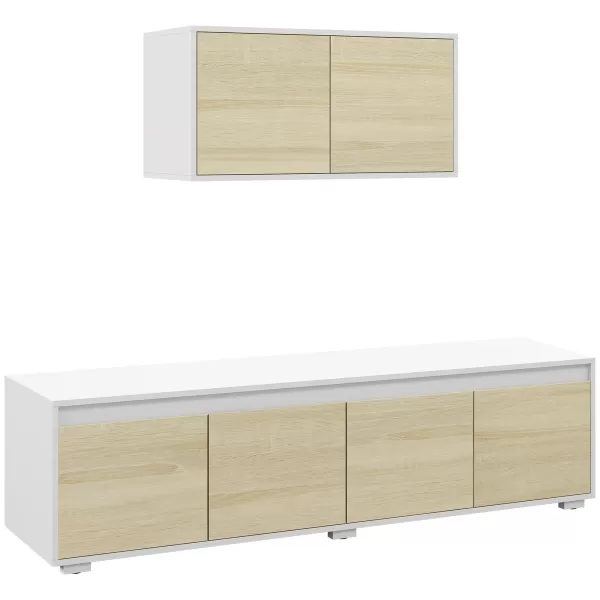Image of HOMCOM 2 Pieces TV Unit Set with Wall Cabinet, Freestanding Unit for 70-inch TVs, Wall Mounted Storage Cupboard, with Adjustable shelves