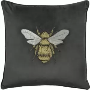 image of Paoletti Hortus Bee Embroidered Velvet Piped Edge Cushion Cover, Charcoal, 50 x 50 Cm