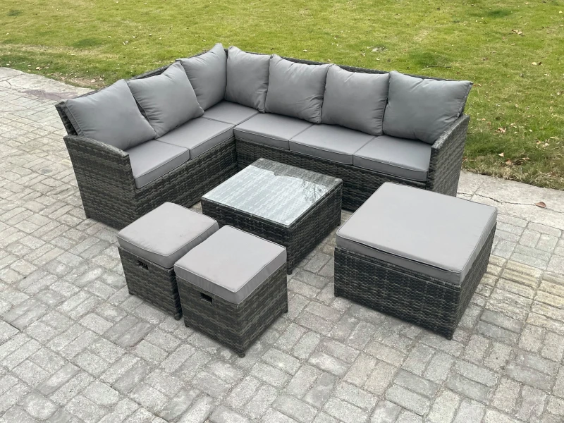 Image of Fimous 9 Seater Outdoor Garden Furniture Set Wicker PE Rattan Corner Sofa Set with Square Coffee Table Footstools Dark Grey Mixed Dark Grey