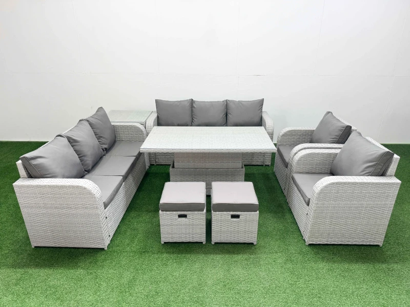 Image of Fimous PE Rattan High Back Lounge Sofa Set Patio Adjustable Lifting Dining or Coffee Table & Chairs Set with 3 Seater Sofa Reclining Chair Stools Side