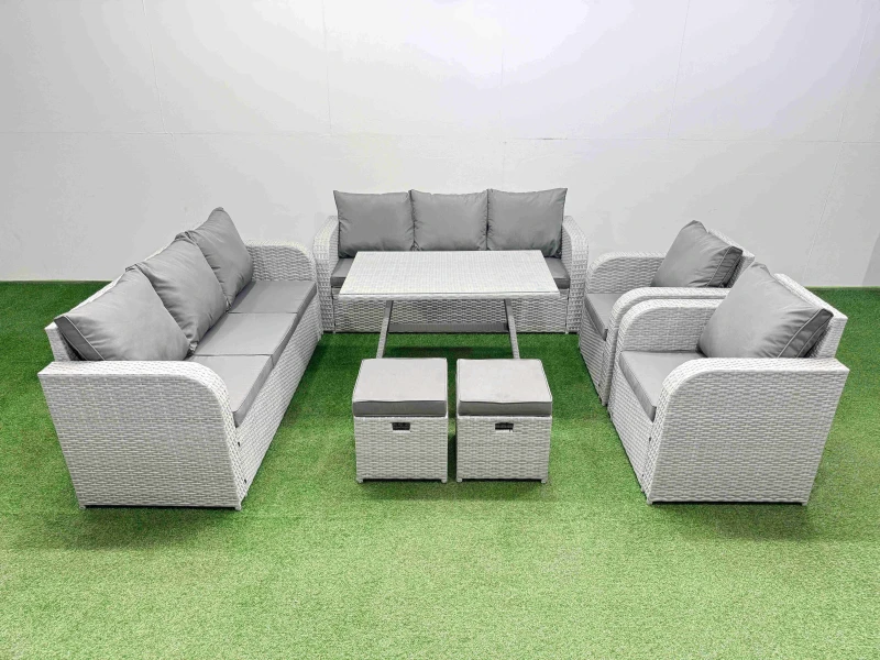 Image of Fimous Rattan High Back Lounge Sofa Set with Reclining Chairs 2 Small Stool in Light Grey Light Grey Unisex