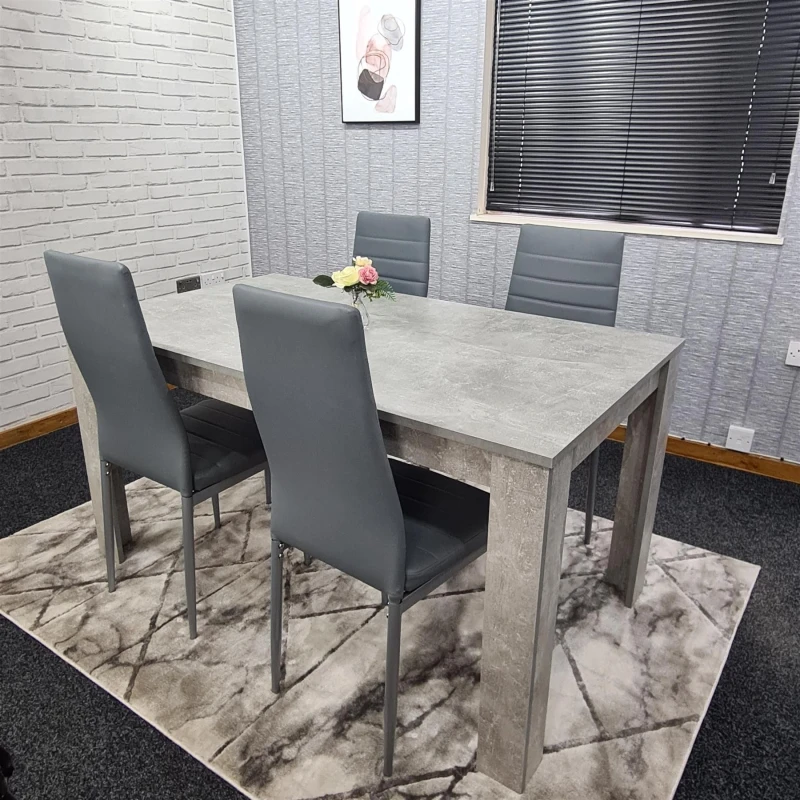 Image of KOSY KOALA Dining Table and 4 Chairs Stone Grey Effect Wood Table 4 Grey Leather Chairs Dining Room Stone grey 140 + 4 grey metal chairs