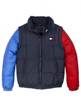 Image of Tommy Hilfiger Boys Zip Off Padded Colourblock Jacket - Navy, Size Age: 8 Years