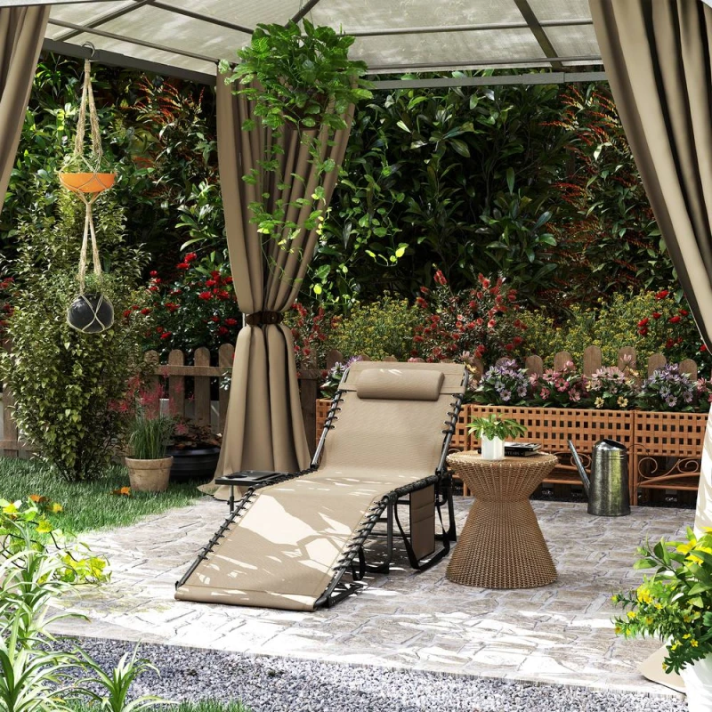 Image of Outsunny Folding Sun Lounger with 5-Level Reclining Back, Side Table, Beige, White 84G-721V00BG