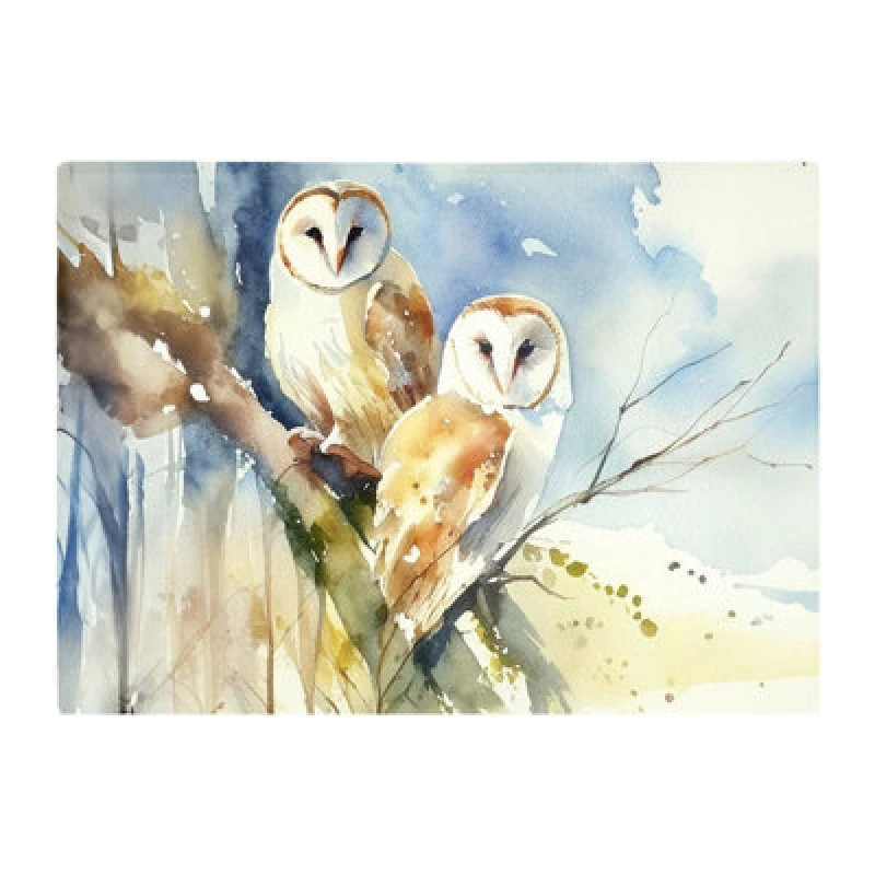 Image of Warren Reed Designer Barn Owls Watercolour Glass Chopping Board