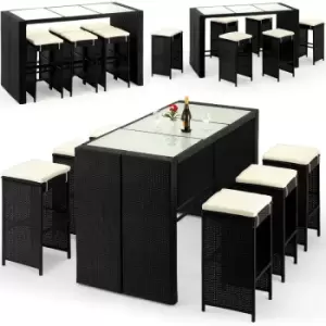 Image of Deuba Poly Rattan Bar Set Table Chairs Stools Glass Top Black Wicker Outdoor Patio Conservatory