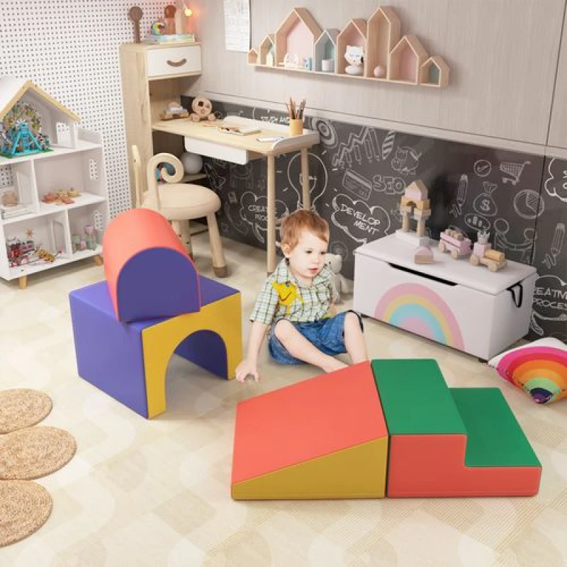 Image of HOMCOM 4 Piece Soft Play Set, Baby Foam Block Toy Toddler 1-3 Years, Red, Red 3D0-009V01MX
