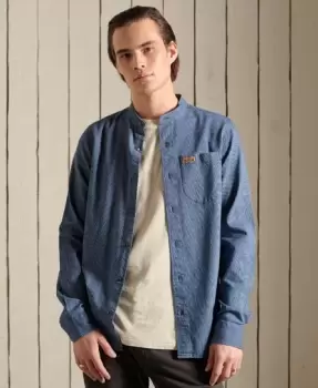 Image of Superdry Mens Indigo Henley Workwear Shirt Blue / Ticking Stripe Rinsed - Size: L