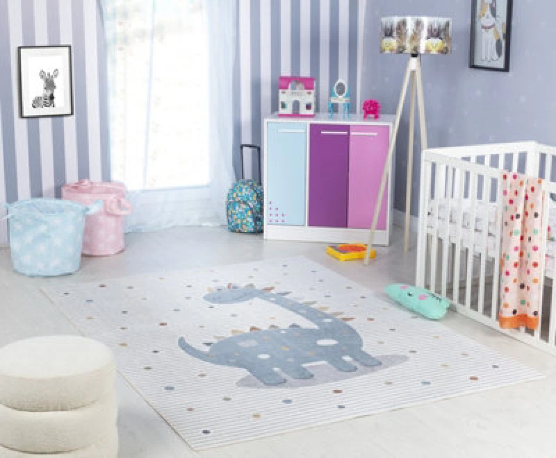 Image of Livabliss Kids Machine Washable Beige/grey Bedroom Dino Area Rug 160 X 213cm - Easy Care, Non Shedding, Soft & Safe Rug For Kids Spaces