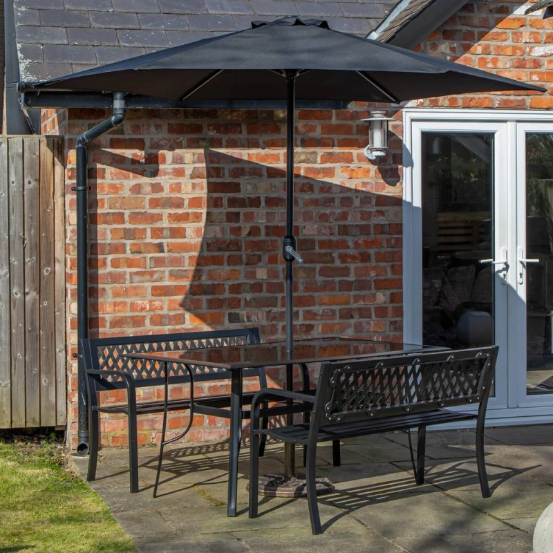 Image of Samuel Alexander Outdoor 4 Person Glass Top Garden Table Benches, Parasol & Base Set in Black Unisex 4 Person