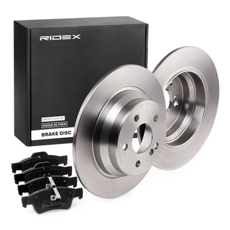 Image of RIDEX 3405B0163 Brake disc and pads set Rear Axle, Brake Disc Type: Solid Brake Set,disc brakes (3405)