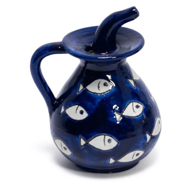 Image of Verano Spanish Ceramics Signature Hand Painted White Fish Ceramic Kitchen Dining Fluted Pourer Dispenser (H) 16Cm