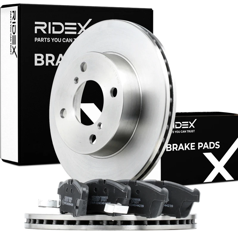 Image of RIDEX 3405B1093 Brake disc and pads set Front Axle, Brake Disc Type: internally vented, incl. wear warning contact, with anti-squeak plate Brake Set,