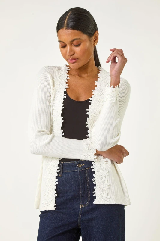 Image of Roman Lace Trim Knit Cardigan Ivory