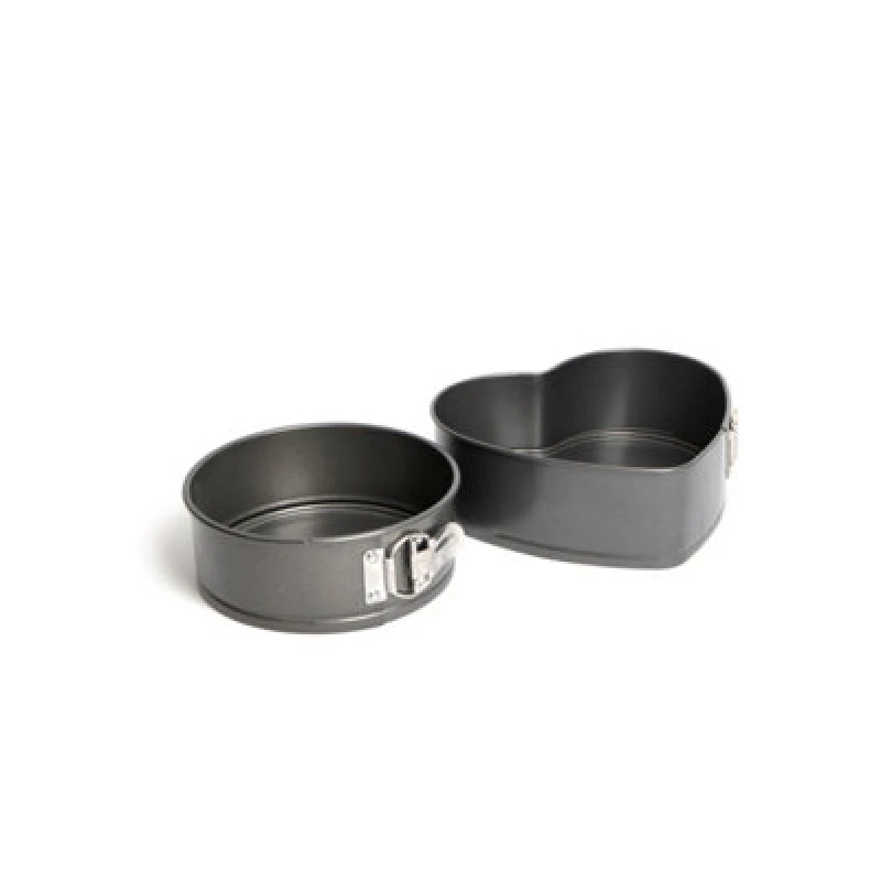 Image of Masterclass 2pc Non-Stick Spring Form Loose Base Cake Pan Set with 18cm Round Cake Pan and Heart-Shaped Tin Grey