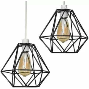 image of 2 x Metal Basket Cage Ceiling Pendant Light Shades - Black - No Bulb