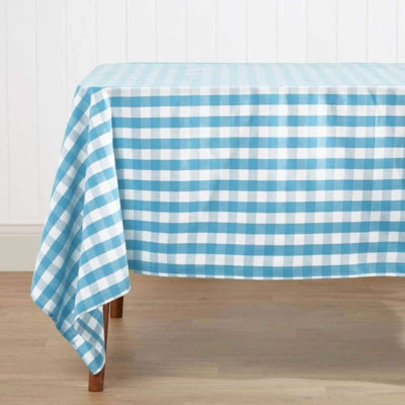 Image of Homescapes Block Check Cotton Gingham Tablecloth, 137cm x 137cm Blue