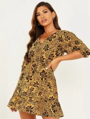 image of Quiz Floral Chiffon Skater Dress, Light Yellow, Size 8, Women