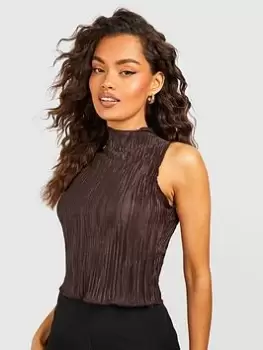Image of Boohoo Plisse High Neck Top - Chocolate, Brown, Size 10, Women
