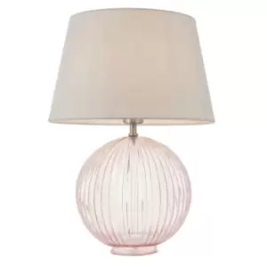 Image of Table Lamp Dusky Pink Ribbed Glass & Pale Grey Cotton 40W E27 Bedside Light