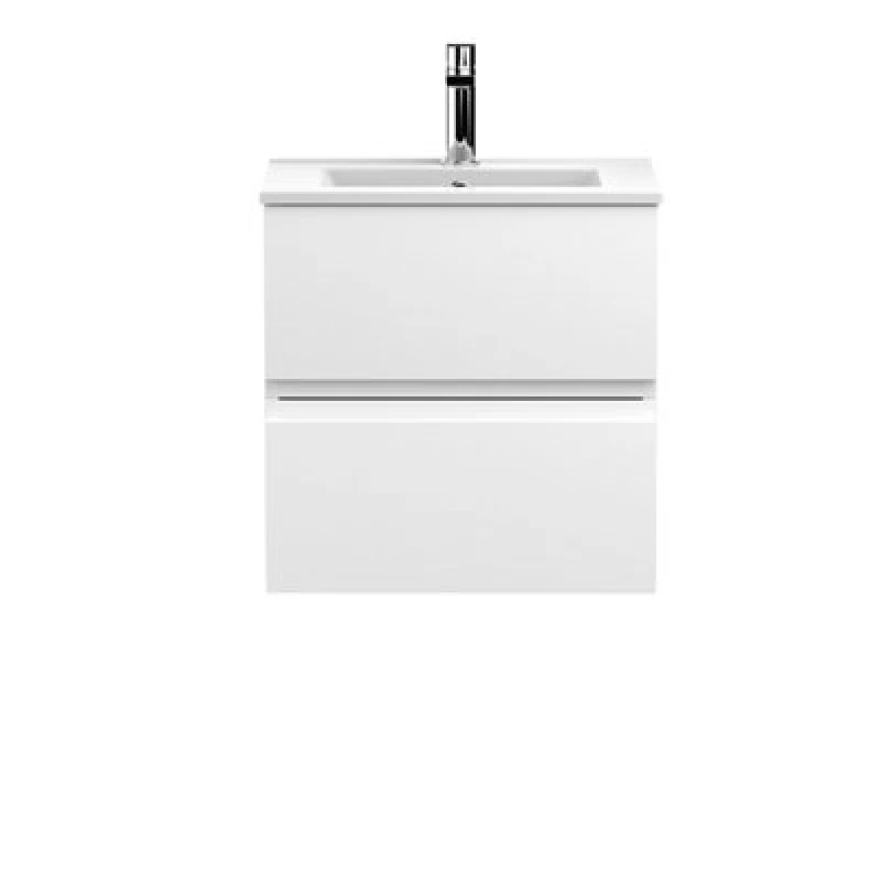 Image of Nuie Hudson Reed Urban Wall Hung 2 Drawer Vanity Unit With Minimalist Ceramic Basin, Modern Bathroom Furniture In Satin White, 500mm