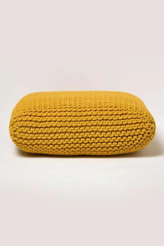 Image of Homescapes Square Cotton Knitted Pouffe Floor Cushion Yellow