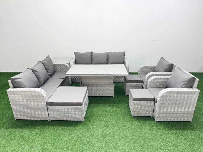 Image of Fimous PE Rattan High Back Lounge Sofa Set Patio Adjustable Lifting Dining or Coffee Table & Chairs Set with 3 Seater Sofa Reclining Chair 3 Stools Si