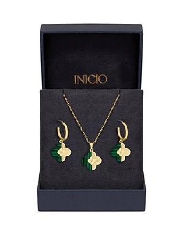 Image of Inicio Gold Plated and Malachite Clover Set - Gift Box Jewellery Sets One Size Gold 73788110000
