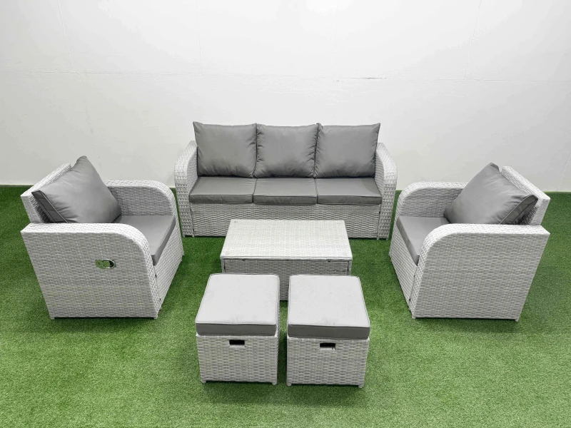 Image of Fimous PE Rattan Garden Furniture Set Reclining Chair Sofa Lounge Sofa Set Oblong Coffee Table 2 Small Stools Light Grey Light Grey