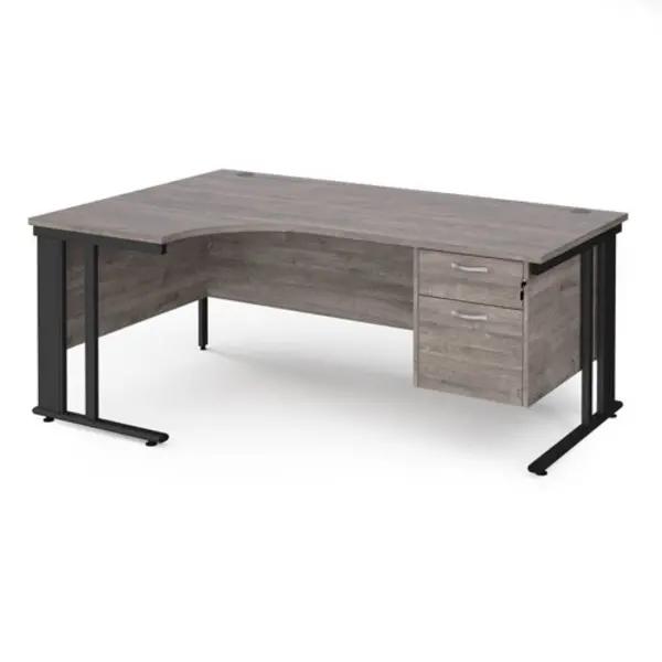 Image of Maestro 25 left hand ergonomic desk 1800mm wide with 2 drawer pedestal - Black cable managed leg frame, grey oak top