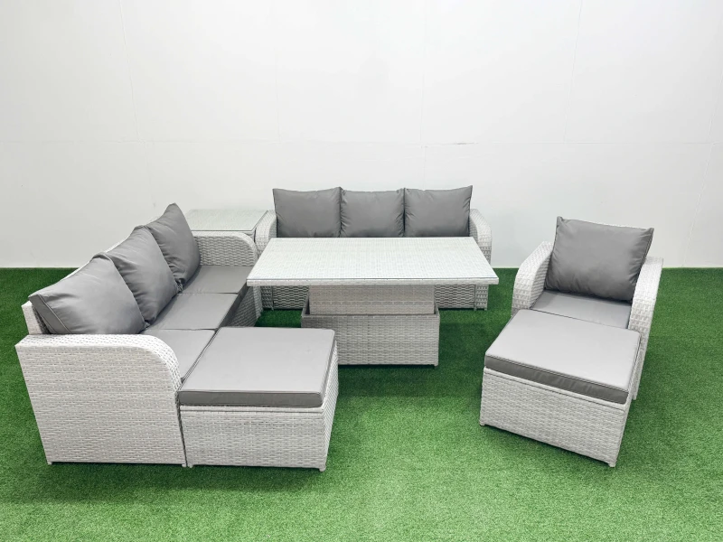 Image of Fimous 9 Seater Poly Rattan Outdoor Garden Furniture Adjustable Lifting Dining or Coffee Table Sofa Set 2 Big Footstools Side Table