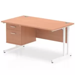 Image of Impulse 1400 Rectangle White Cant Leg Desk Beech 1 x 2 Drawer Fixed Ped