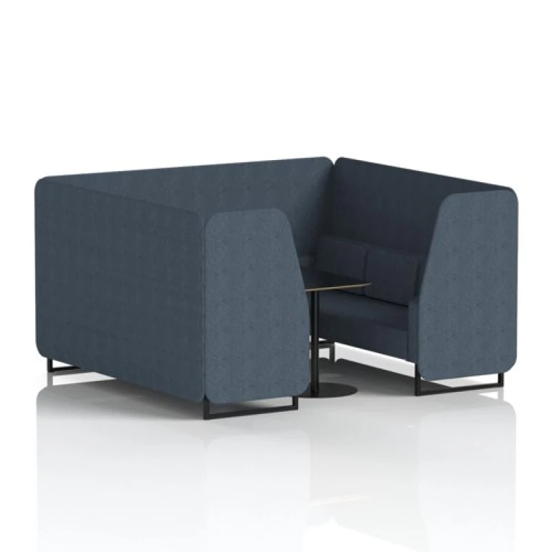 Image of Brixworth 6 Seater Office Booth with Front Panel - Black Legs and Black Table with Black Leg in Rivet Fabric - Crucible Panels and Sofa