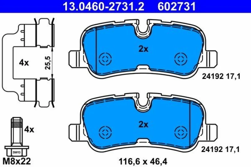 Image of ATE 13.0460-2731.2 Brake pad set excl. wear warning contact, with accessories, with brake caliper screws Brake Pad Set,disc brake (402)