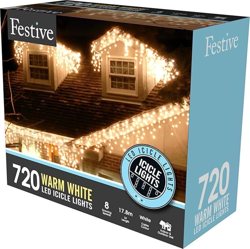Image of Festive 17.8m Indoor & Outdoor Snowing Effect Icicle Christmas Lights 720 Warm White LEDs