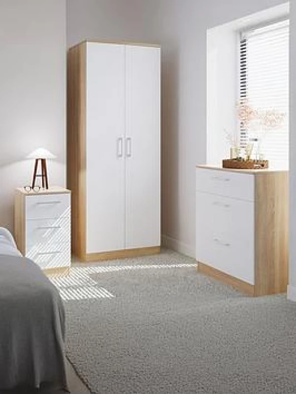 Image of Swift Chester Ready Assembled Bedroom Furniture Package - 2 Door Wardrobe, 3 Drawer Chest And 3 Bedside Table Oak WGOWV Unisex