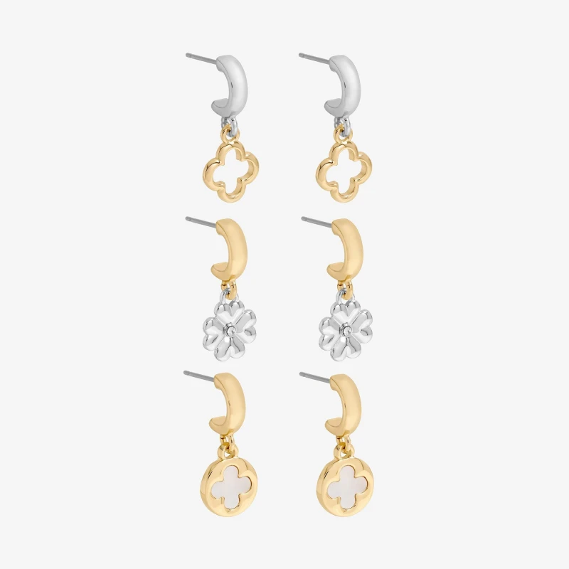 Image of Mood Two Tone Clover Earrings - Pack Of 3 Gold female One Size