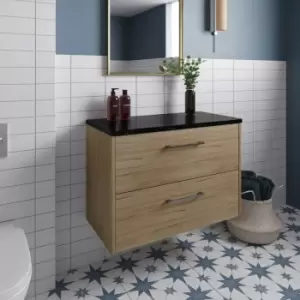 Image of Juno Wall Hung 2-Drawer Vanity Unit with Sparkling Black Worktop 800mm Wide - Autumn Oak - Hudson Reed