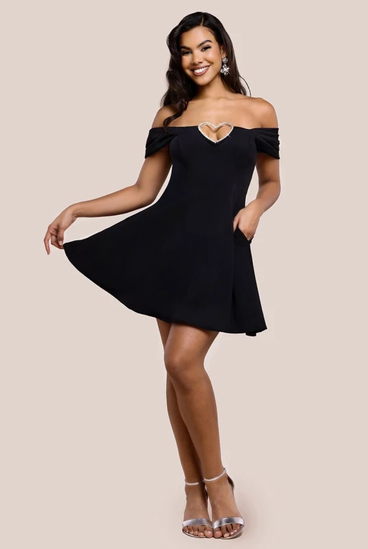 Image of Goddiva Womens Diamante Heart Trim A Line Mini Dress in Black Size: 8 Black Female 8
