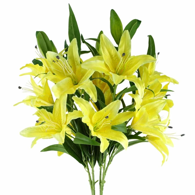 Image of Leaf Pack of 6 x 100cm Large Yellow Lily Stem - 3 Flowers Yellow unisex