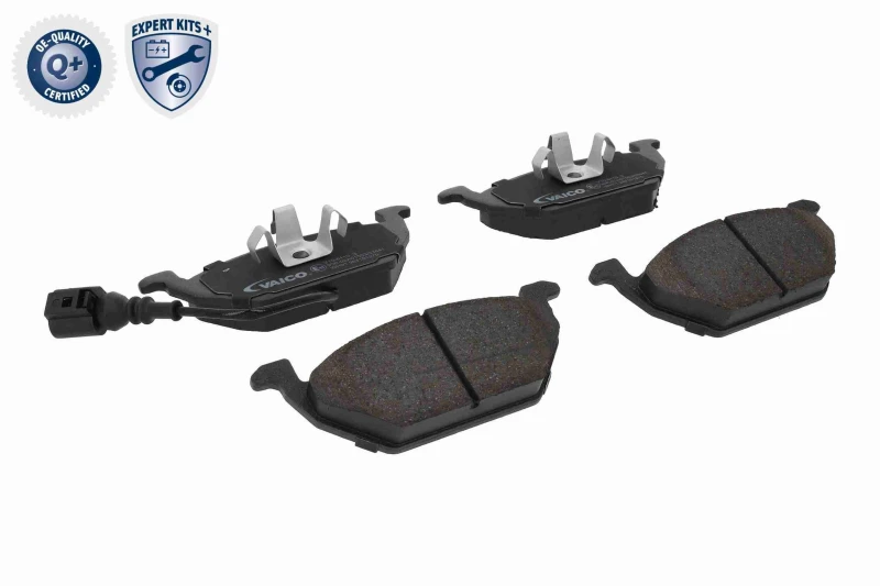 Image of VAICO V10-8110 Brake pad set Front Axle, incl. wear warning contact, Q+, original equipment manufacturer quality, with piston clip Brake Pad Set,disc